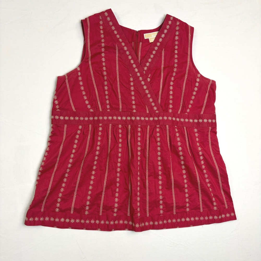 Michael Kors Red Embroidered Sleeveless V-Neck Empire Waist Top 20W Plus Boho
